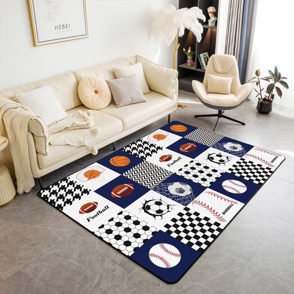 jejeloiu Football Soccer Baseball Basketball Decor Kids Indoor Floor Mat Sports Living Room Rugs Boys Sports Geometric Accent Rug Blue Black White Checkered Decorative Rug Area Rug 5x7