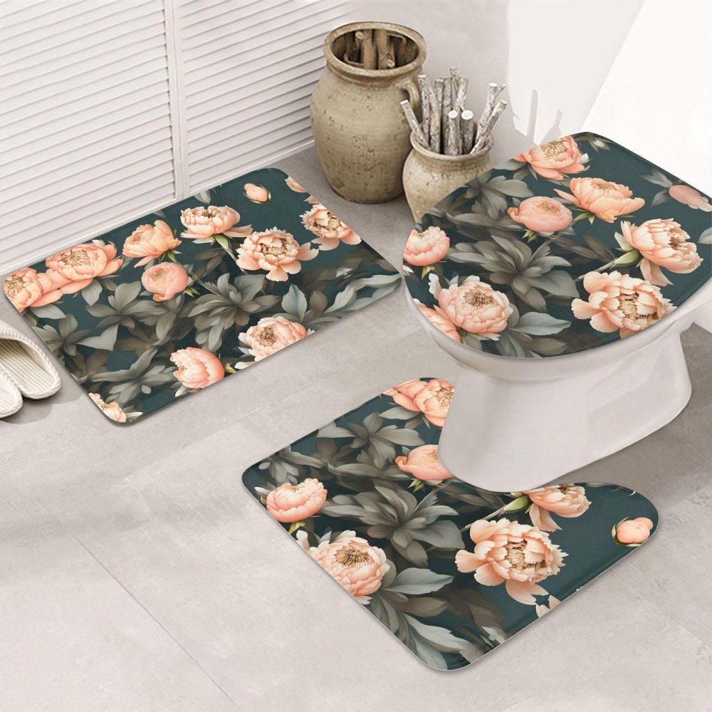 BrUgui Bathroom Rug Set - 3 Piece U-Shaped Toilet Mat, Non-Slip Floor Mat, and Lid Cover - Easy to Clean Peach Peony