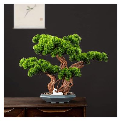 Fake Plants 15 Inches Tall Artificial Pine Bonsai, A New Chinese Ornamental Green Fake Tree Potted Plant, for Entrance Living Room Hotel Decorations Faux Plants Bonsai Tree