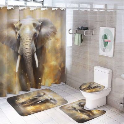 4PCS Fierce Elephant Shower Curtain Set Oil Painting Style Animal Theme Bathroom Decor Sets with Rugs Bathroom Accessories Set Bathroom Curtain Shower Set with 12 Hooks