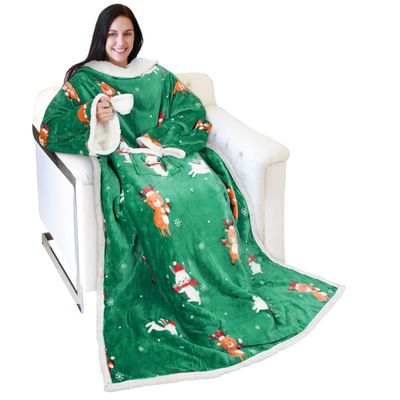 Catalonia Ribbit Sherpa Wearable Blanket with Sleeves Arms, Comfy Sleeved TV Wrap Blanket, Large Snuggly Throw for Women and Men, Christmas