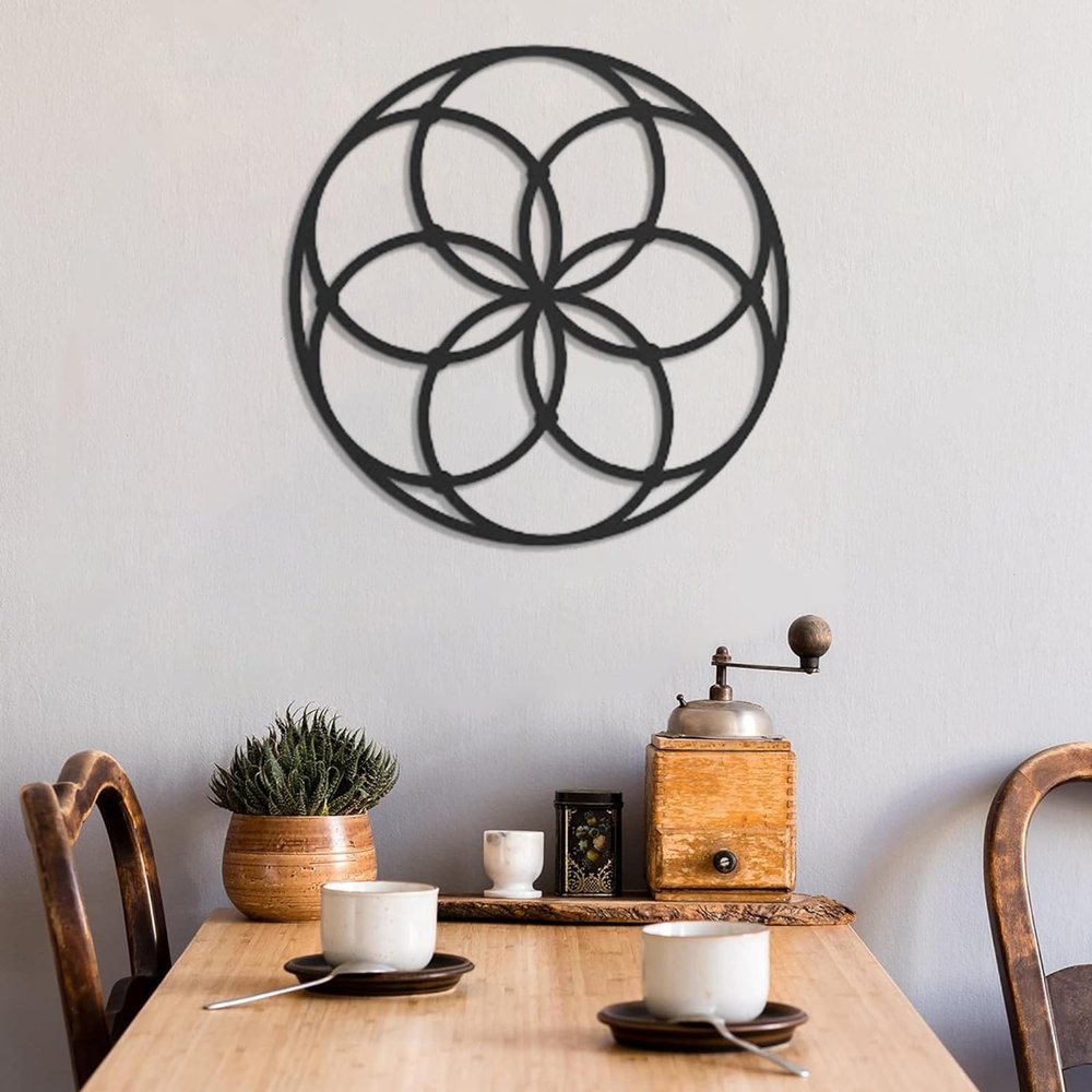 Seed of Life Metal Art, Metal Flowers Wall Decor, Sacred Geometry Wall Art, Abstract Metal Wall Art, Home Decor, Line Art Wall Decor, Wall Hanging for Yoga Room Decor, Metal Wall Art (Black, 18.5" x 18.5"|47 x 47 cm)