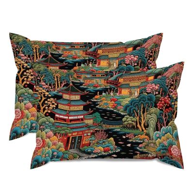MISSUYSA Asian Throw Pillow Case Chinoiserie Charcoal Coral Pagoda Cushion Cover Chinese Style 20x30in Set of 2 Cotton Linen Rustic Rectangular Throw Pillow Cover for Sofa Couch Bed Chair Car