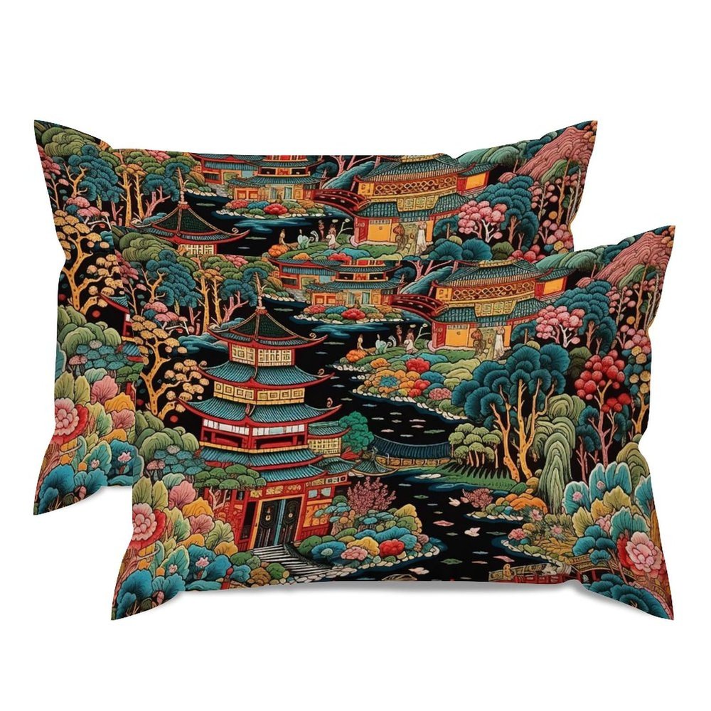 MISSUYSA Asian Throw Pillow Case Chinoiserie Charcoal Coral Pagoda Cushion Cover Chinese Style 20x30in Set of 2 Cotton Linen Rustic Rectangular Throw Pillow Cover for Sofa Couch Bed Chair Car