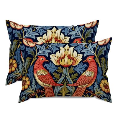 MISSUYSA Asian Throw Pillow Case Red Bird Floral Flower Square Cushion Cover Japanese 20x30in Set of 2 Decorative Pillow Home Cotton Linen Elegant Rectangular Cushion Cover for Couch Bed Bedroom