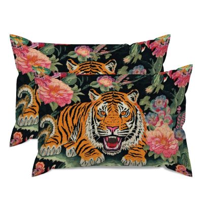 MISSUYSA Asian Pillow Cover Animal Tiger Floral Chinoiserie Square Cushion Cover Dynasty 20x30in Set of 2 Decorative Pillow Home Cotton Linen Vintage Lumbar Throw Pillow Cover For Sofa Couch Bed Chair