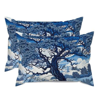 MISSUYSA Chinoiserie Throw Pillowcase Blue and White Indigo Lumbar Pillow Cases Set of 2 Asian Chinese Decorative Pillow Home Cotton Linen 20x30in Vintage Cushion Cover for Couch Sofa Bedroom Car