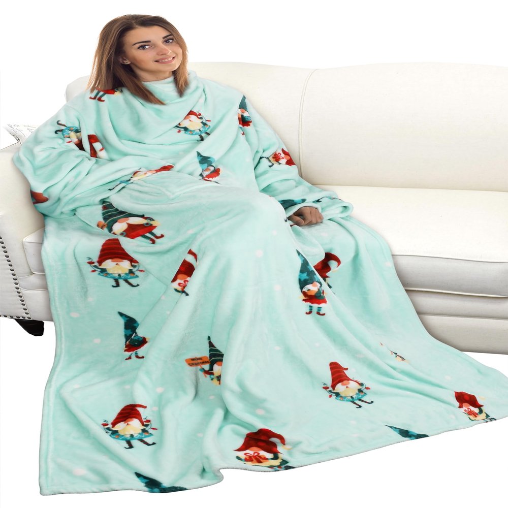 Catalonia Christmas Print Wearable Blanket with Sleeves and Pocket, Cozy Soft Fleece Mink Micro Plush Wrap Throws Blanket Robe for Women and Men