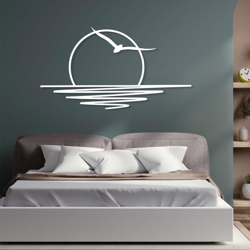 Cadeali Sunrise Metal Wall Art, Sun and Seagulls Metal Wall Decor, Boho Sun Decor, Minimalist Sunset Interior Artwork, Mid Century Modern Home Accents, Living Room Wall Art (White, 30"x16"|76x41cm)