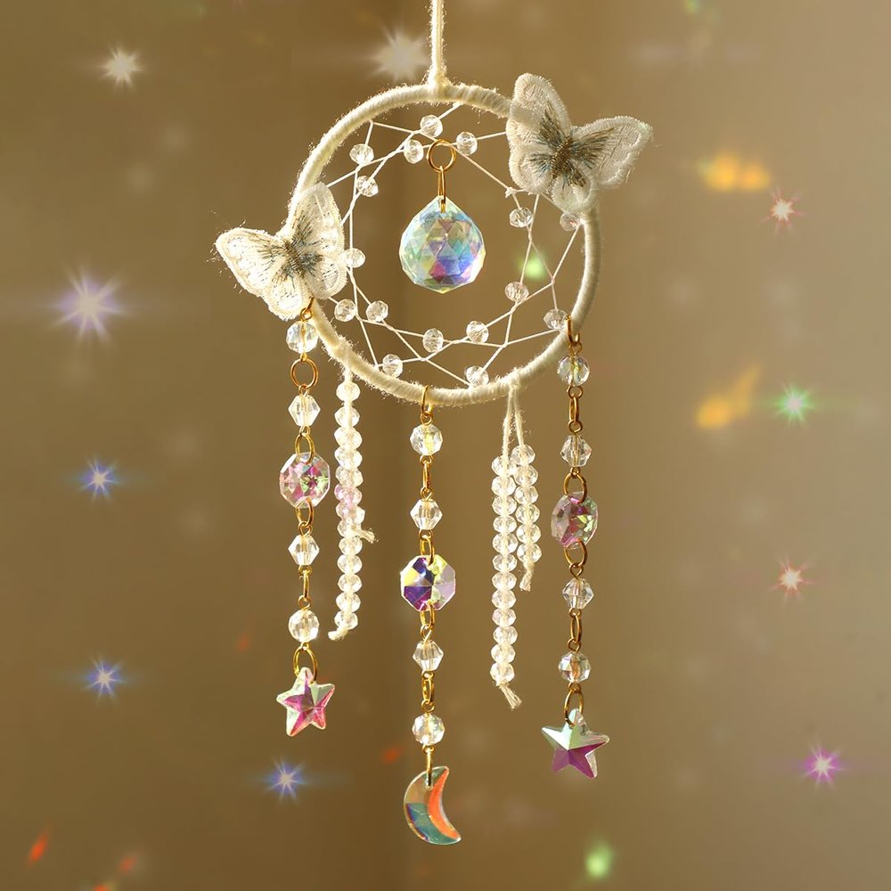 Artilady Dream Catcher for Girls - White Butterfly Small Dream Catchers with Crystals Cute Room Decor for Teen Girls Boys Boho Bedroom Wall Home Decorations Birthday Christmas Women Kids Gifts