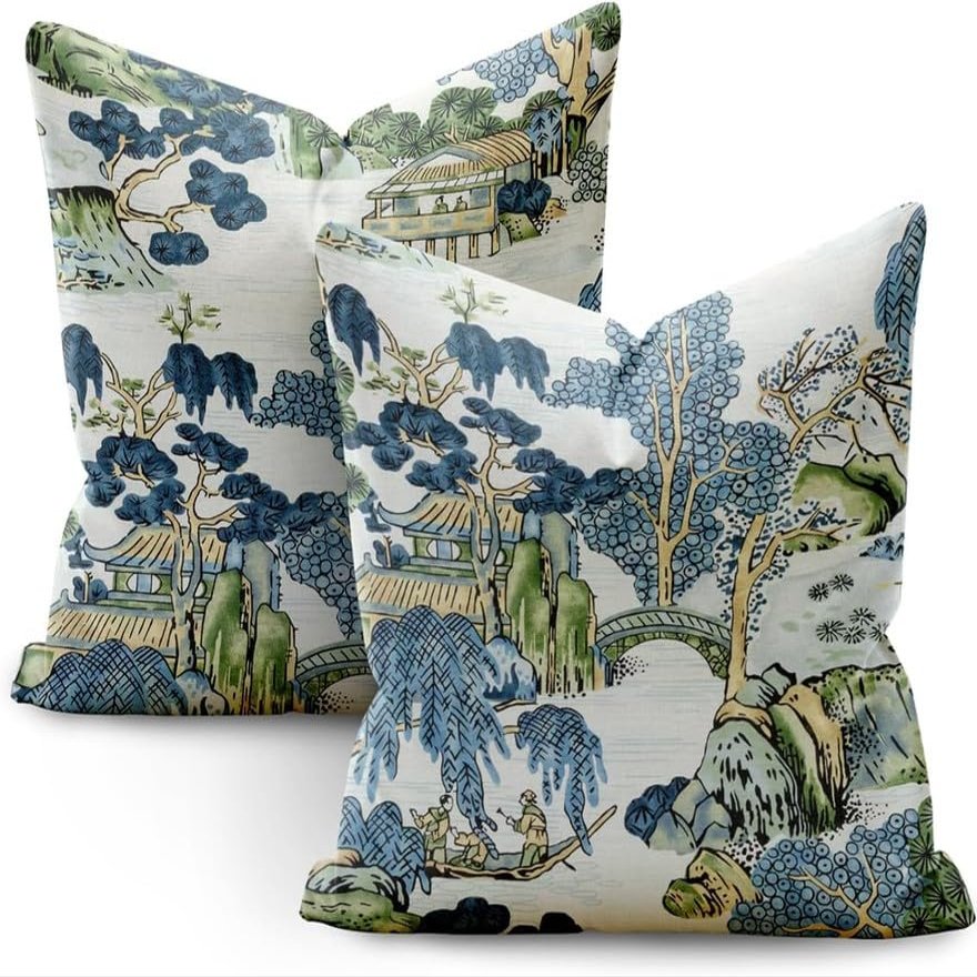 ChangQingArt Chinoiserie Pillow Covers 20x20 Set of 2,Pillow Covers Outdoor Decorative Linen Pillow Covers for Couch Bed Sofa Cushion Farmhouse Pillowcases