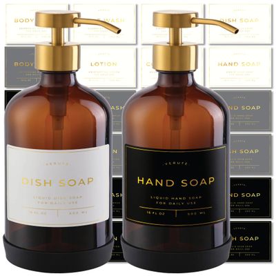 Hand and Dish Soap Dispenser for Kitchen and Bathroom, Set of 2 16 Oz Glass Bottles, Stainless Steel Pumps, Non-Slip Silicone Base, 27 Waterproof Labels (Amber Bottle/Brushed Gold Pump)