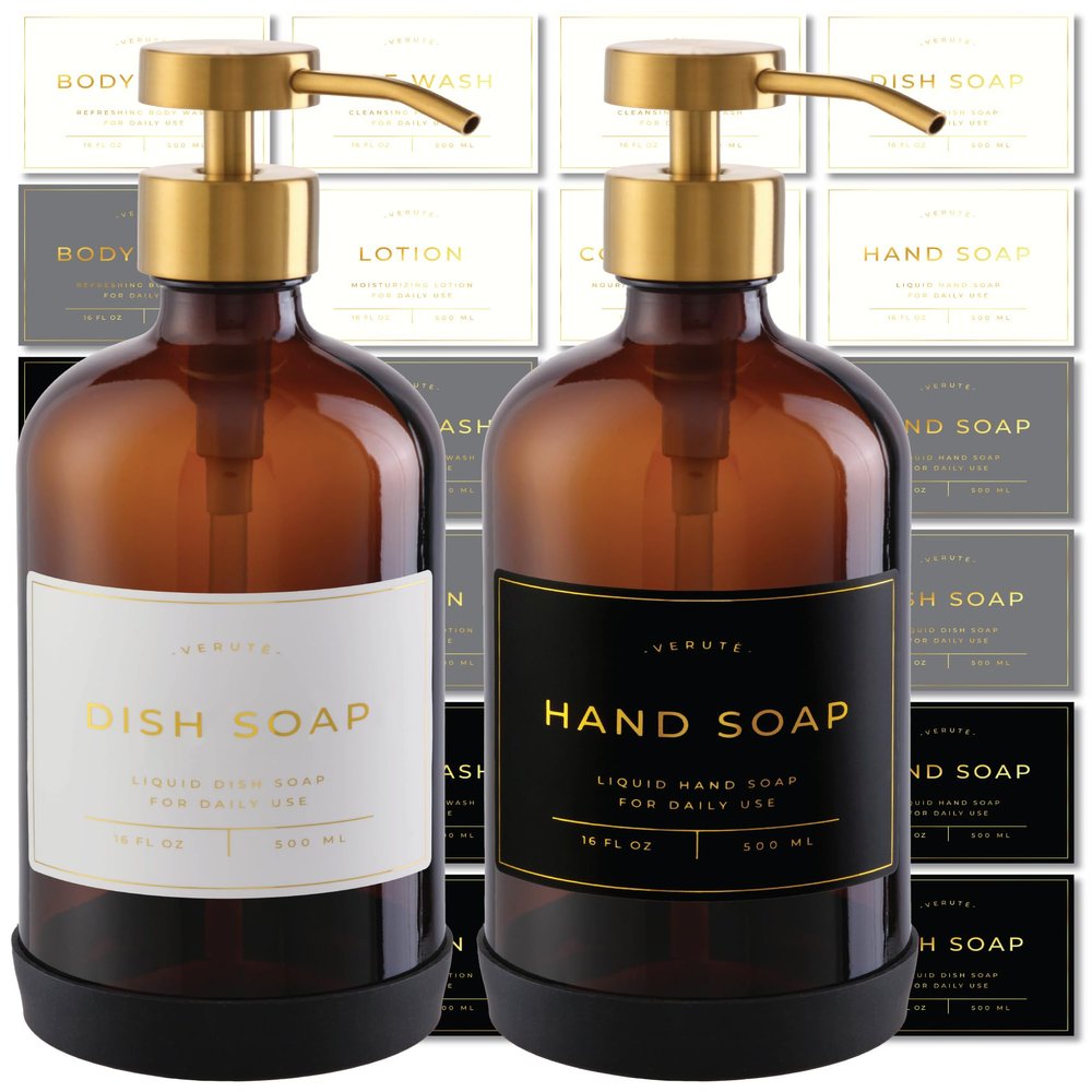 Hand and Dish Soap Dispenser for Kitchen and Bathroom, Set of 2 16 Oz Glass Bottles, Stainless Steel Pumps, Non-Slip Silicone Base, 27 Waterproof Labels (Amber Bottle/Brushed Gold Pump)