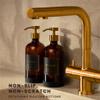 Hand and Dish Soap Dispenser for Kitchen and Bathroom, Set of 2 16 Oz Glass Bottles, Stainless Steel Pumps, Non-Slip Silicone Base, 27 Waterproof Labels (Amber Bottle/Brushed Gold Pump) view 2