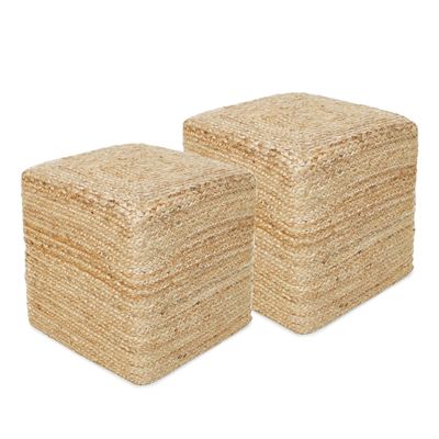 REDEARTH  Cube Pouf Foot Stool Ottoman - Jute Braided Pouffe Poof Accent Sitting - Set of 2 Footrest for The Living Room, Bedroom, Nursery, Patio, Lounge, Office - 14.5X14.5X16 - Natural