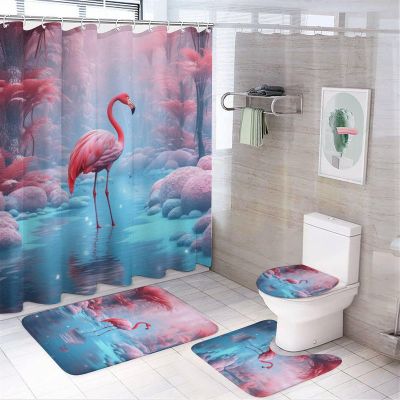 4Pcs Glam Pink Flamingo Shower Curtain Sets with Non-Slip Rugs, Toilet Lid Cover and Bath Mat, Ice World Winter Animals Snow Scene Abstract Bathroom Decor Set Waterproof Shower Curtains with 12 Hooks