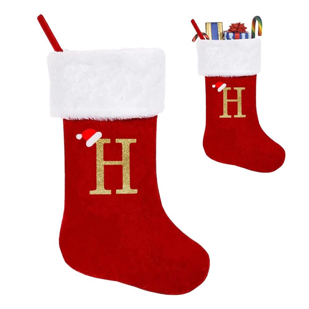 Glodecart Large Initial Stocking Christmas for Family Kids, Embroidered Letter H Red Velvet Monogrammed Christmas Stocking for Christmas Pendant Home Hanging Ornaments Party Decoration Xmas Stocking