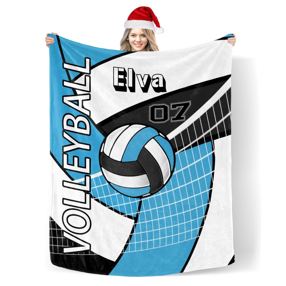 Custom Blanket with Name Text,Personalized Volleyball Sport Sky Blue Super Soft Fleece Blankets for Couch Sofa Bed 50X60inch