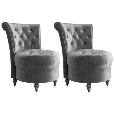 BELLEZE Throne Royal Chair Set of 2, Button-Tufted Accent Chair, Upholstered Velvet Chair, Low Back Armless Chair with Thick Padding and Rubberwood Legs - Malik (Grey)