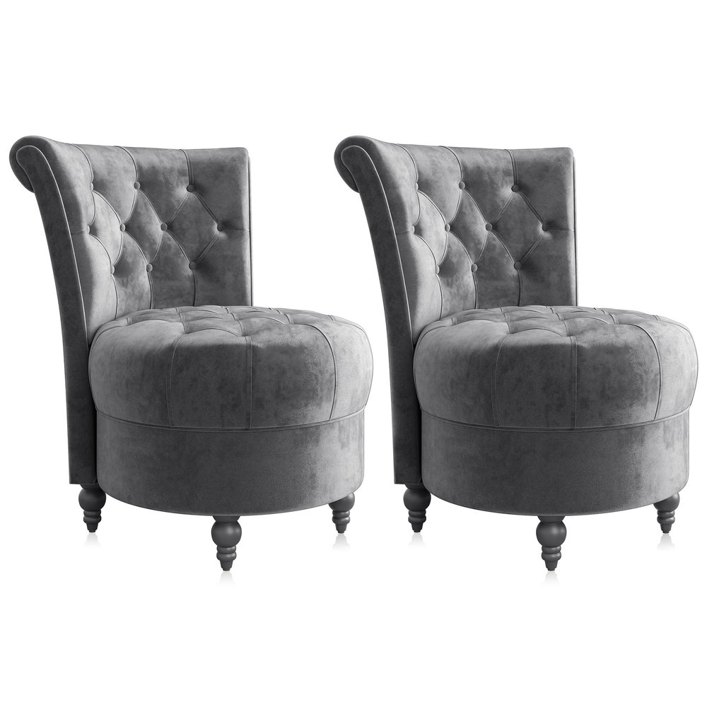 BELLEZE Throne Royal Chair Set of 2, Button-Tufted Accent Chair, Upholstered Velvet Chair, Low Back Armless Chair with Thick Padding and Rubberwood Legs - Malik (Grey)