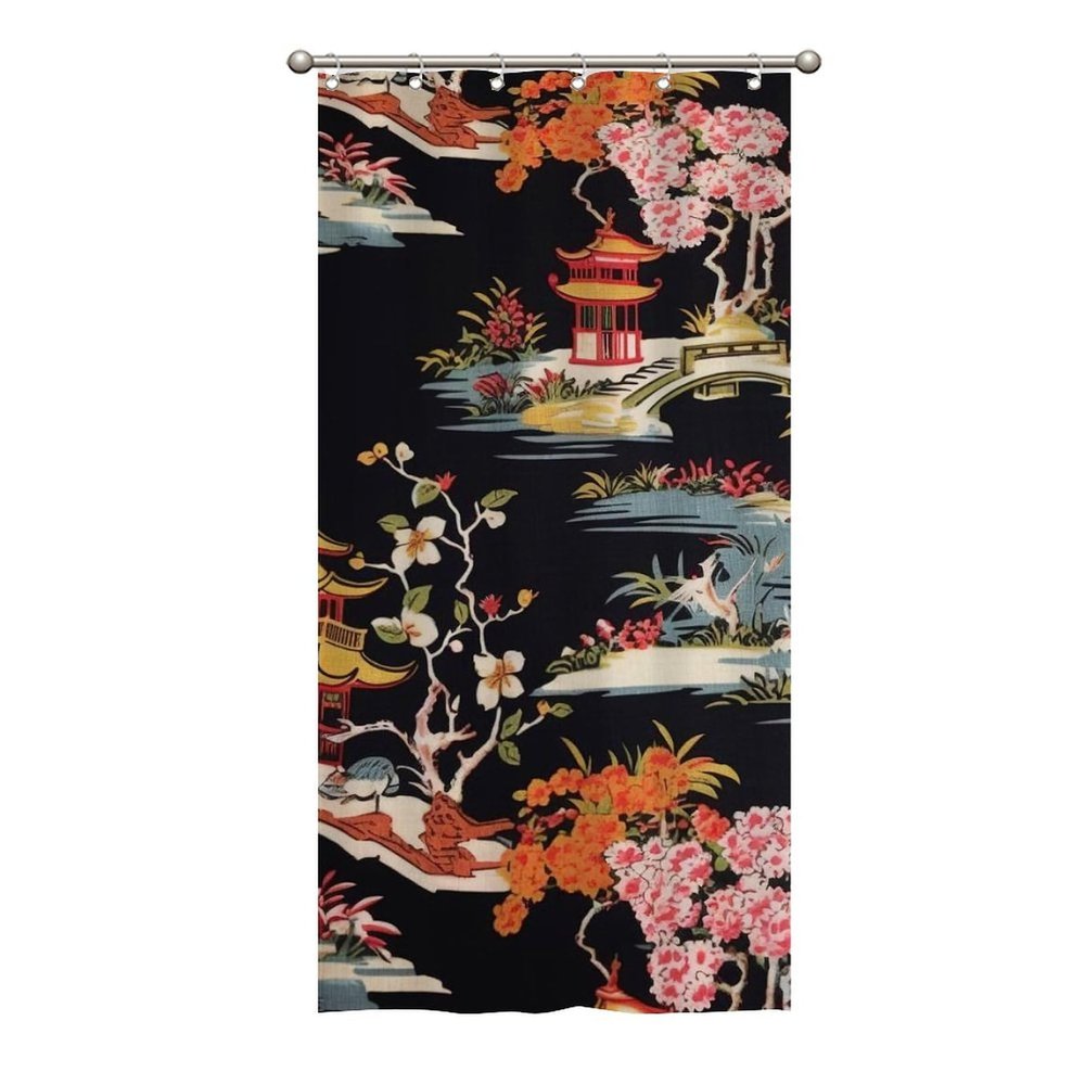 Yinrune Charcoal Coral Pagoda Shower Curtain Set with Hooks Chinoiserie Style Shower Curtain Asian Inspired Bathroom Shower Curtain Bathroom Decor Polyester Fabric Shower Curtains with Holes