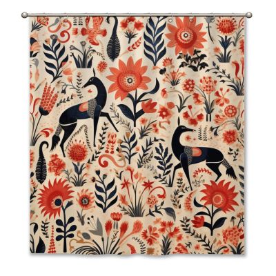 Yinrune Coral Blue Red Horse and Floral Shower Curtain Set with Hooks Chinoiserie Style Shower Curtain Asian Inspired Bath Curtains Bathroom Decor Polyester Fabric Shower Curtains with Holes