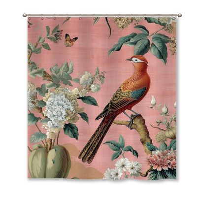 Yinrune Chinoiserie Style Blush Shower Curtain 72x78in Asian Bird Flower Floral Bathroom Curtains Farmhouse Shower CurtainBath Curtains Polyester Fabric Shower Curtain Set with Hooks