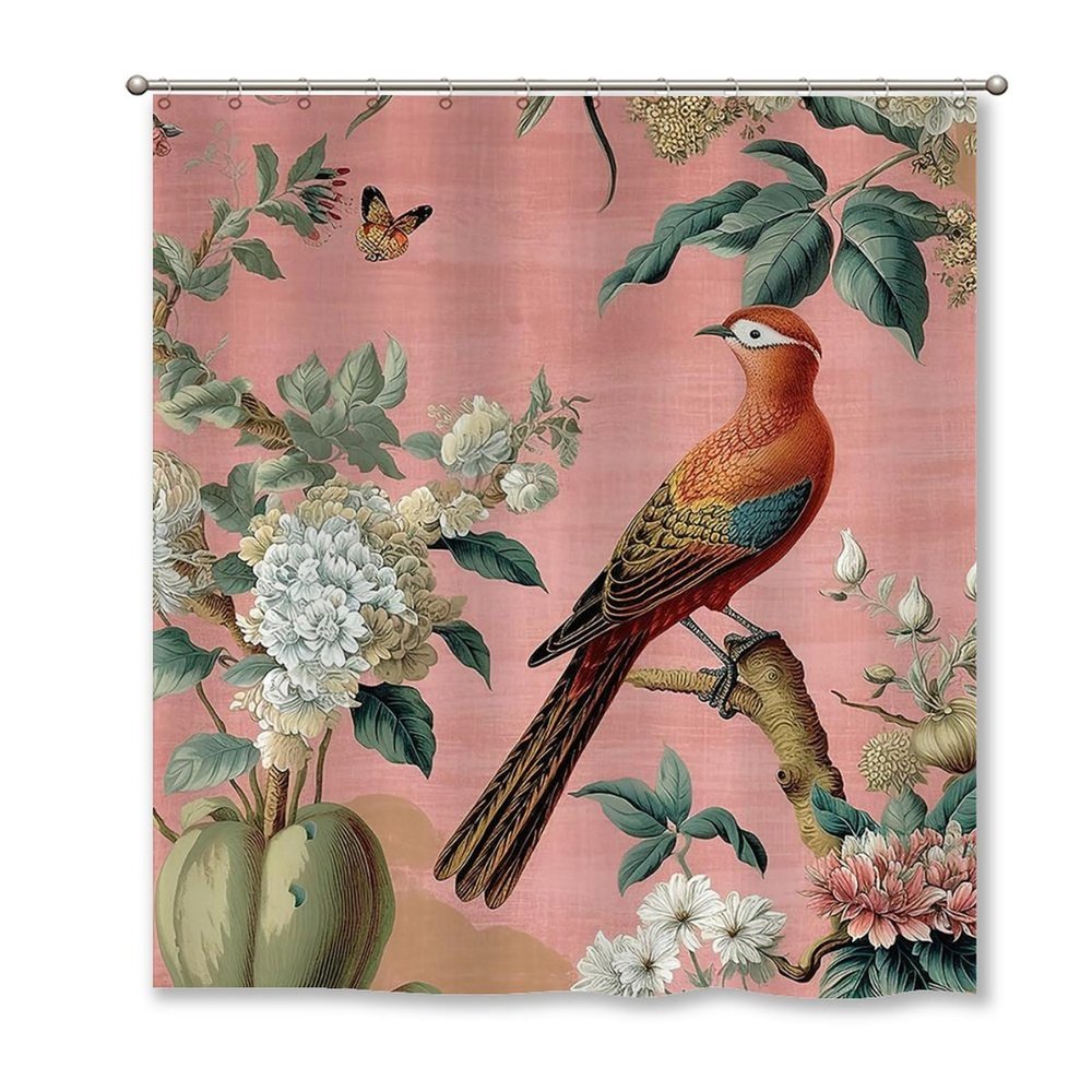 Yinrune Chinoiserie Style Blush Shower Curtain 72x78in Asian Bird Flower Floral Bathroom Curtains Farmhouse Shower CurtainBath Curtains Polyester Fabric Shower Curtain Set with Hooks