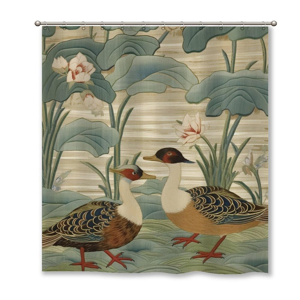 Yinrune Bantam Duck Shower Curtain Aqua Lotus Garden Chinoiserie Asian Inspired Shower Curtains Boho Shower Curtain 72x78in Shower Curtain Liner Polyester Fabric Shower Curtain Set with Hooks