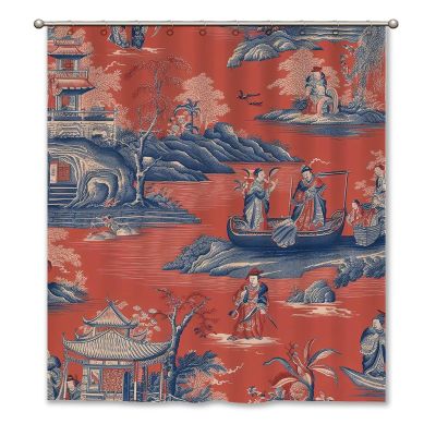 Yinrune Red Navy Toile Shower Curtain Royal Dynasty Chinoiserie Asian Inspired Shower Curtains Farmhouse Shower Curtain 64x72in Polyester Fabric Shower Curtain Set with Hooks