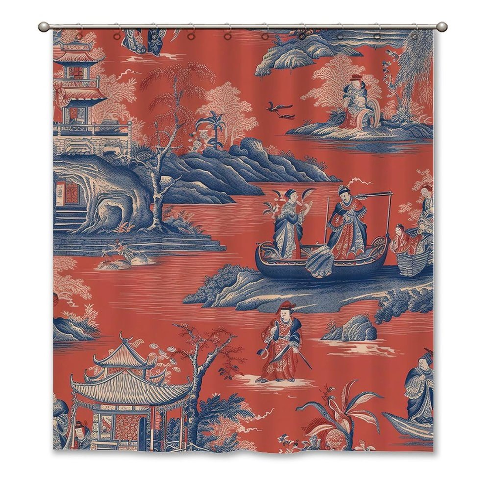 Yinrune Red Navy Toile Shower Curtain Royal Dynasty Chinoiserie Asian Inspired Shower Curtains Farmhouse Shower Curtain 64x72in Polyester Fabric Shower Curtain Set with Hooks