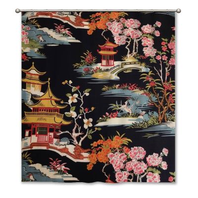 Yinrune Chinoiserie Style Charcoal Coral Shower Curtains for Bathroom 64x72in Asian Pagoda Bathroom Curtains Boho Shower CurtainPolyester Fabric Shower Curtain Set with Hooks