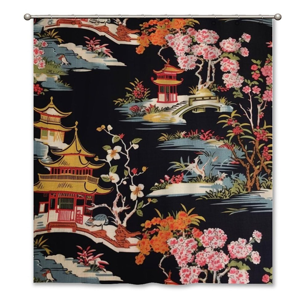 Yinrune Chinoiserie Style Charcoal Coral Shower Curtains for Bathroom 64x72in Asian Pagoda Bathroom Curtains Boho Shower CurtainPolyester Fabric Shower Curtain Set with Hooks