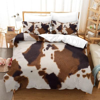 Cowhide Comforter Set of 3, Western Farm Animal Brown Fur 3D Pattern Soft Microfiber King Size Decorative Comforter Set with 2 Pillowcases