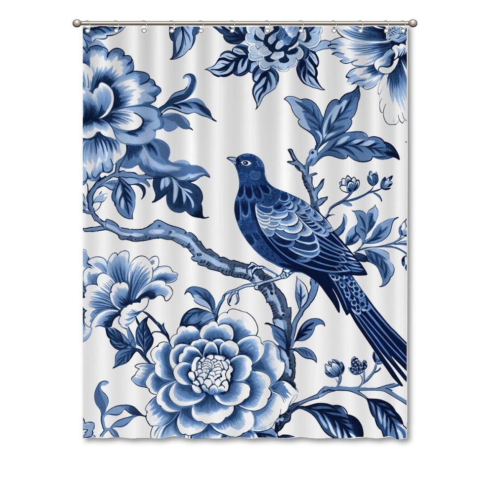 Yinrune Indigo Blue Bird Floral Shower Curtain Set with Hooks Chinoiserie Style Shower Curtains for Bathroom Asian Bath Curtains Bathroom Decor Polyester Fabric Shower Curtains with Holes