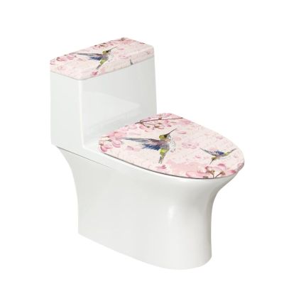 chaqlin Toilet Tank Lids Cover Replacement Asethetic Bird Flower Print Toilet Covers Sets for Bathroom Washable Elastic Edge Pink