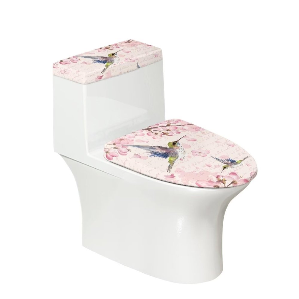 chaqlin Toilet Tank Lids Cover Replacement Asethetic Bird Flower Print Toilet Covers Sets for Bathroom Washable Elastic Edge Pink