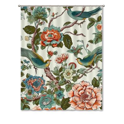 Yinrune Coral Turquoise Blue Shower Curtain Bird Peony Floral Chinoiserie Asian Inspired Bath Curtains Farmhouse Shower Curtain 72x90in Polyester Fabric Shower Curtain Set with Hooks