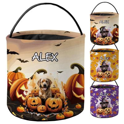 KafePross Halloween Trick or Treat Bag German Shepherd in Funny Pumpkin Puppy Dog Custom Name with 3 Halloween Design, Pumpkin Decor Basket Candy Gifts Bucket 9 x 9.8 Inch