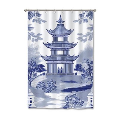 Yinrune Chinoiserie Style Blue and White Shower Curtains for Bathroom 48x72in Asian Pagoda Bathroom Curtains Boho Shower CurtainBath Curtains Polyester Fabric Shower Curtain Set with Hooks
