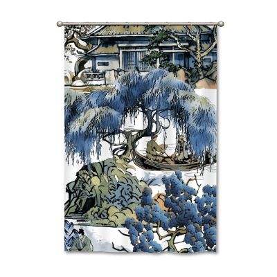 Yinrune Blue and Kelly Green Asian Scenic Shower Curtain Set with Hooks Chinoiserie Style Shower Curtains for Bathroom Asian Shower Curtains Bathroom Decor Polyester Fabric Shower Curtains