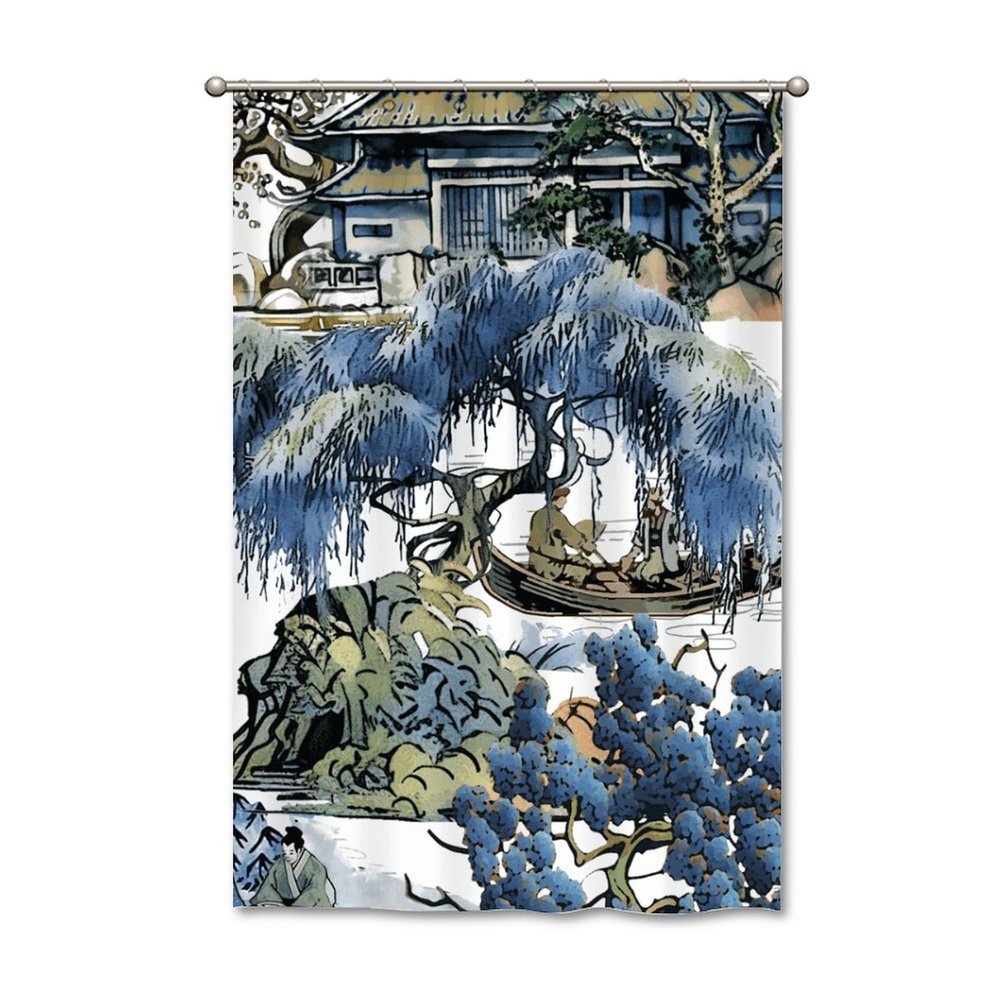 Yinrune Blue and Kelly Green Asian Scenic Shower Curtain Set with Hooks Chinoiserie Style Shower Curtains for Bathroom Asian Shower Curtains Bathroom Decor Polyester Fabric Shower Curtains