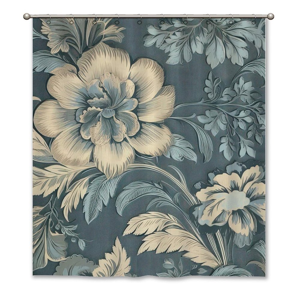 Yinrune Blue and Ivory White Shower Curtain Flower Floral Chinoiserie Asian Inspired Bath Curtains Boho Shower Curtain 60x72in Bath Curtains Polyester Fabric Shower Curtain Set with Hooks