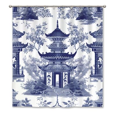Yinrune Blue and White Pagoda Shower Curtain Set with Hooks Chinoiserie Style Shower Curtain Asian Inspired Shower Curtains Bathroom Decor Polyester Fabric Shower Curtains with Holes
