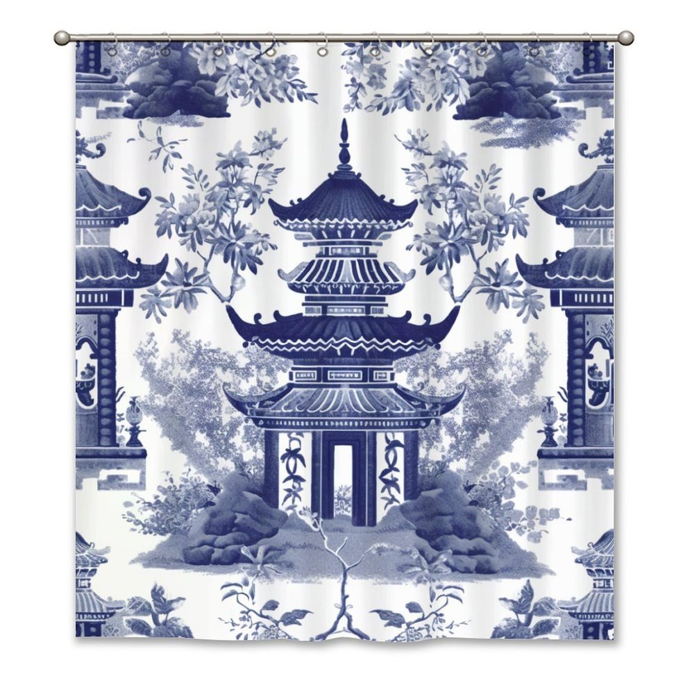 Yinrune Blue and White Pagoda Shower Curtain Set with Hooks Chinoiserie Style Shower Curtain Asian Inspired Shower Curtains Bathroom Decor Polyester Fabric Shower Curtains with Holes
