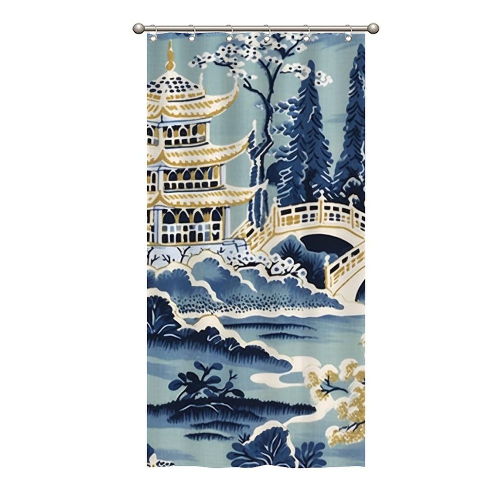 Yinrune Chinoiserie Shower Curtains for Bathroom Blue and White Pagoda Bathroom Shower Curtain Asian Boho Shower Curtain 36x72in Polyester Fabric Shower Curtain Set with Hooks Bathroom Decor
