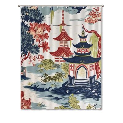 Yinrune Chinoiserie Shower Curtain White Blue Coral Pagoda Bath Curtains Asian Boho Shower Curtain 72x90in Shower Curtain Liner Polyester Fabric Shower Curtain Set with Hooks Bathroom Decor