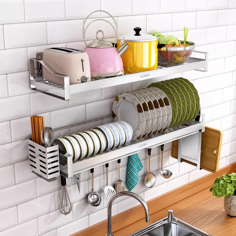 Hanging Dish Rack, Stainless Steel Hanging Dish Drainer Large Storage Drying Rack Dish Drainer Kitchen Supplies Drying Rack With Utensil Holder (Color : Silver, Size : 60x23.5x12cm)