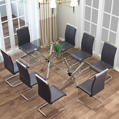 9 Pieces Dining Table Set for 8, 71" Modern Rectangle Tempered Glass Kitchen Table and 8 PU Dining Chairs for Dining Room, Glass Dining Table & Chair Sets with Chrome Metal Legs for Kitchen