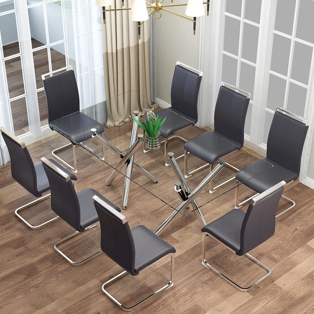 9 Pieces Dining Table Set for 8, 71" Modern Rectangle Tempered Glass Kitchen Table and 8 PU Dining Chairs for Dining Room, Glass Dining Table & Chair Sets with Chrome Metal Legs for Kitchen